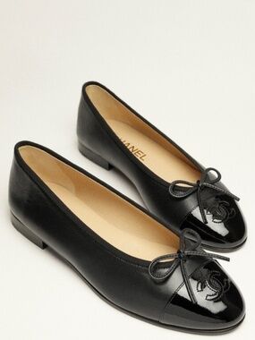CHANEL Black Leather Patent Cap Toe Ballet Flats with CC Logo & Bow